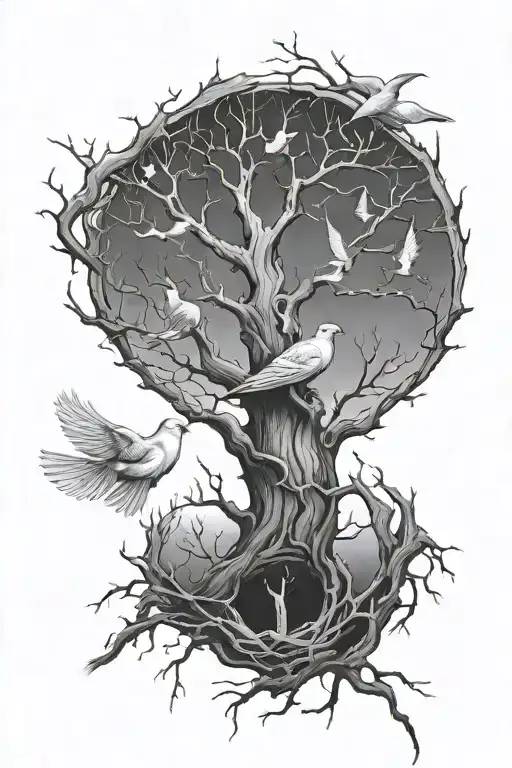 Dead Tree Across The Hole Forearm With Doves Flying