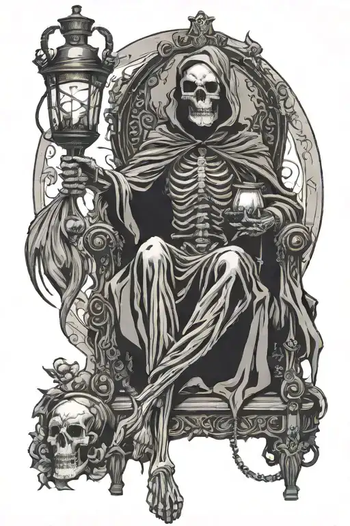 Grim Reaper With Horns Sitting On A Throne Holding A Vintage Lantern With Skulls At His Feet