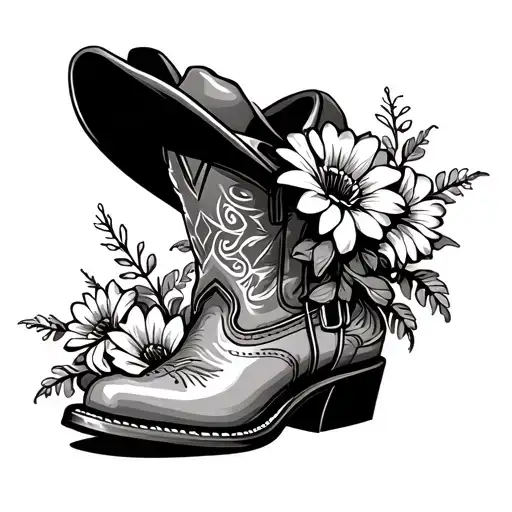 Cowboy Boot With Flowers Growing Out And Cowboy Hat Flower