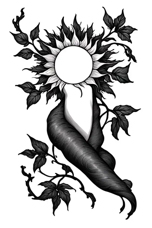 Sun On Outter Thigh And Single Vine Wrapping Around And Down Full Leg To Foot