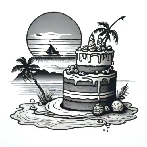 A December Birthday Cake On A Beach Setting With The Sun Setting In The Background