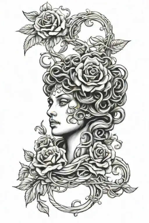 Medusa Head With Vines And Roses Intertwined
