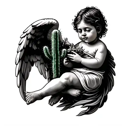 Baby Angel Holding Cactus Growing