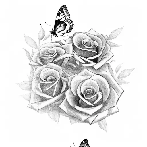Design A Realistic Black And Grey Tattoo Of A Lots Butterflies Resting On Roses