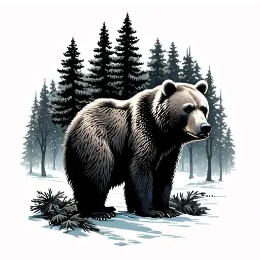 Nature Scene With A Bear Standing By Pine Trees