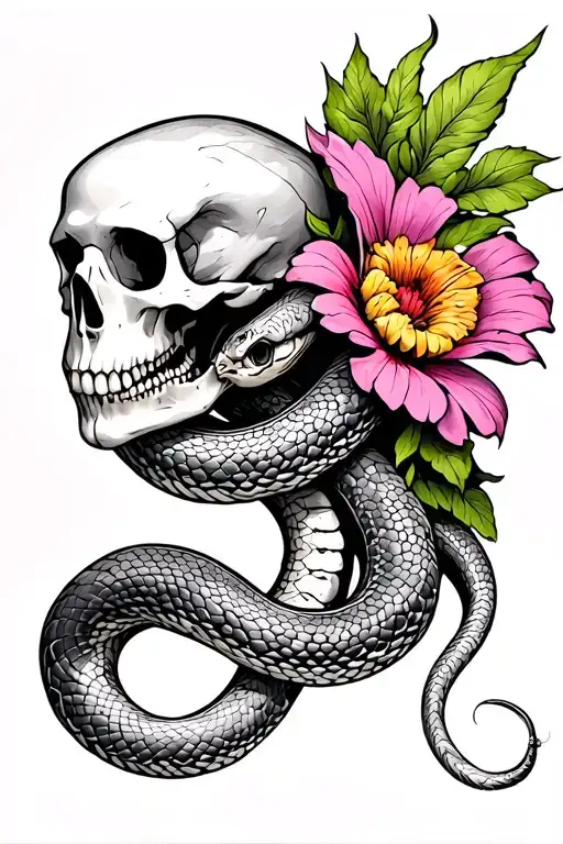 Black And Grey Skeleton Snake Coiled Around The Shoulder And Biceps With Colored Flower On The Snake