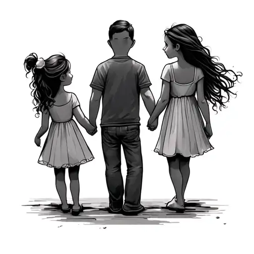 A Father And Two Daughter Holding Hands