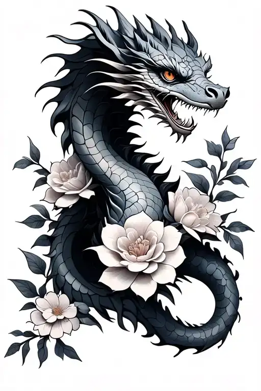 Feminine Dragon With Flowers Wrapped Fine Line