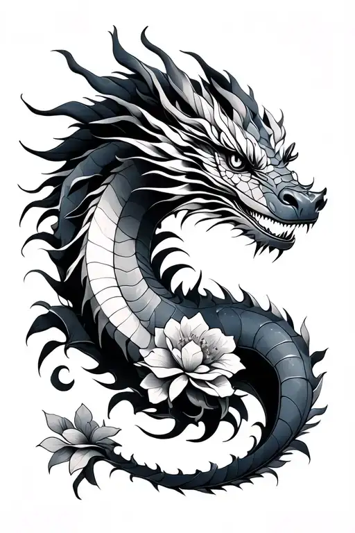 Fine Line Dragon With Flowers