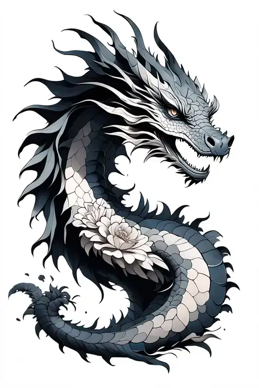 Fine Line Dragon With Flowers