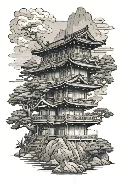 Japanese 3 Story Building In The Mountains With The Forest Background