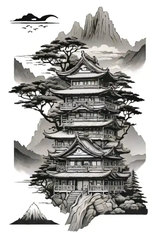 Japanese 3 Story Building In The Mountains With The Forest Background