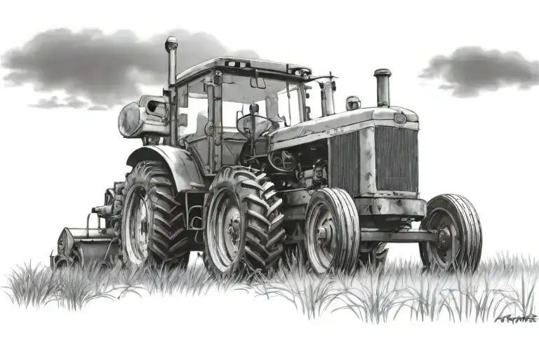 Tractor Barn Feild Realistc Black And White