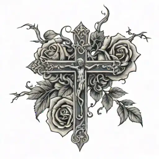Rose Stem Intertwining Vines Making A Cross Woth Jesus Hanging On It