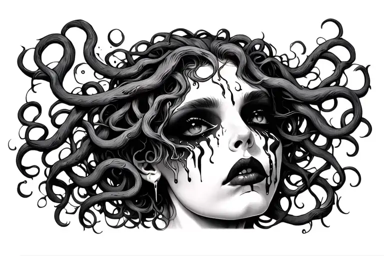 Medusa With Blacked Out Eyes And Tears Heavy Contrast