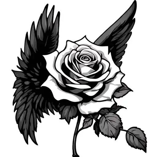 Rose Tattoo With Long Stem And Angel Wings For Leaves