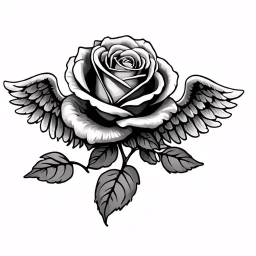 Rose Tattoo For Mom With Angel Wings As Leaves On Stem