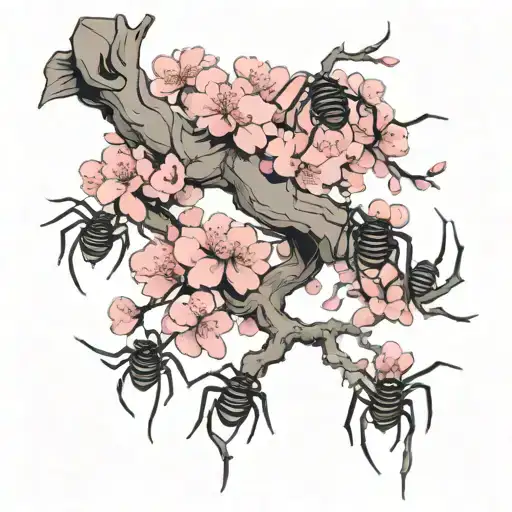 Pink Japanese Cherry Blossom Tree With Spiders Crawling