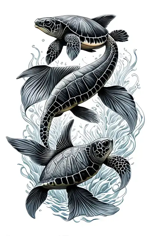 Sea Turtles Swimming With Koi Fish And Mermaid