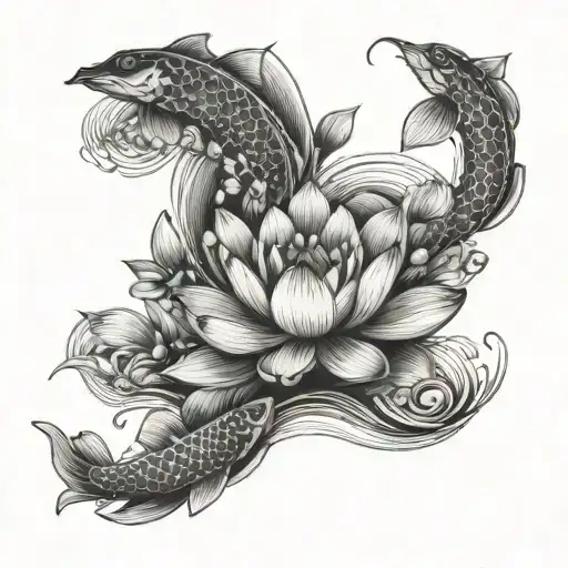 Lotus Flowers On Rippling Water With Coy Fish Cool Lines Forming