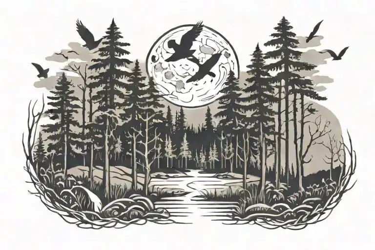 Forest And Moon And Birds