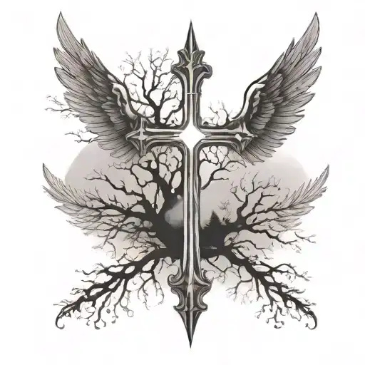 Cross And Wings With Modern Elements And Background Tree Fog