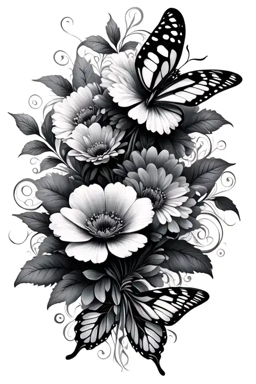 Flowers And Butterflies With Swirls