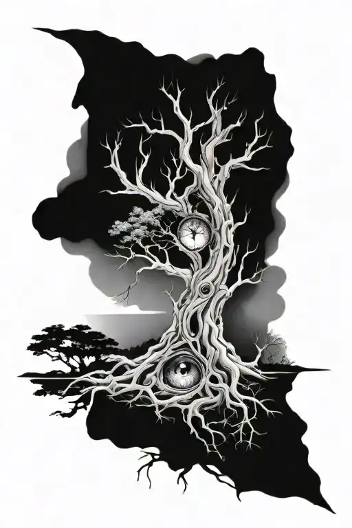Half Sleeve Tattoo Of An Eerie Tree With An Eye