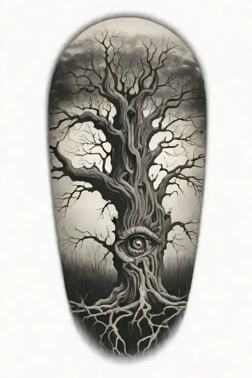 Half Sleeve Tattoo Of An Eerie Tree With An Eye