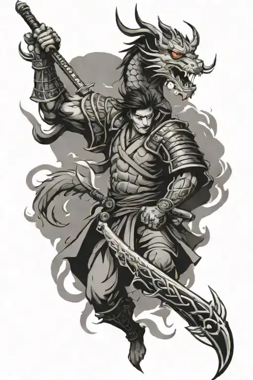 Japanese Dragon And Samurai Warrior
