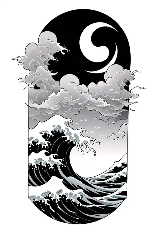 Japanese Cloud Tattoo With Wave And Moon
