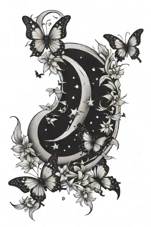 Crescent Moon With Butterflies And Stars
