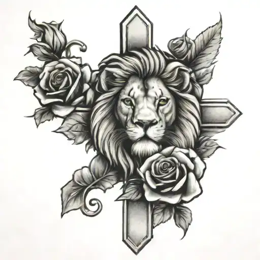 Cross And Roses With Lion