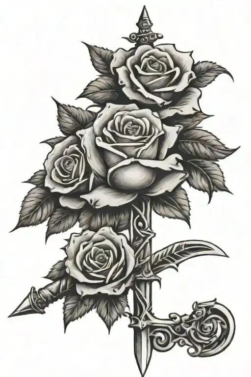 Sword Tattoo That Has A Rose At The Top Of The Hilt With Thorns Stretching Out From The Rose