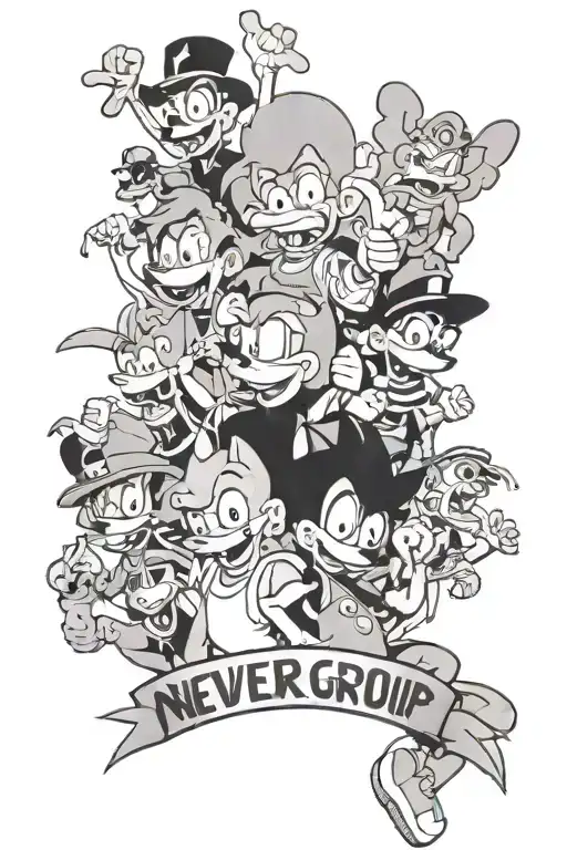 Half Sleeve That Says Never Grow Up With A Bunch Of Famous Cartoon Characters