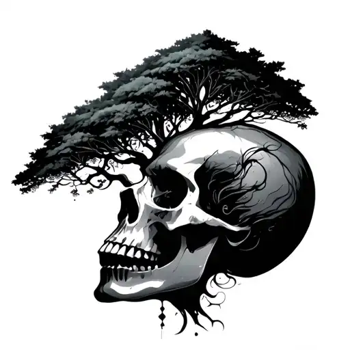 Tree Growing Out Of A Skull With Silhouette Of A Women