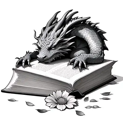 Dragon Sleeping On A Book With Flower Petals