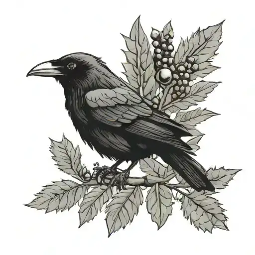 Raven On An Olive Branch With A Holly On The Background