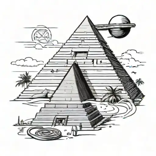 A Black And Grey Tattoo Of An Ancient Egyptian Pyramid With Gym Equipment Scattered Around It
