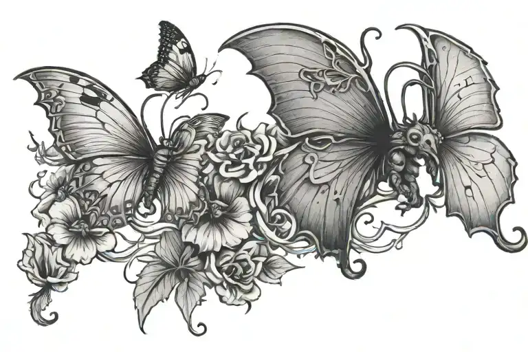 Fine Line Violets With A Solhoutte Of 2 Small Dragons Flying Around It