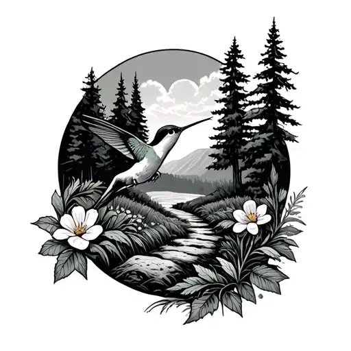 A Hiking Trail Winding Through A Forest With A Hummingbird Feeding On A Flower