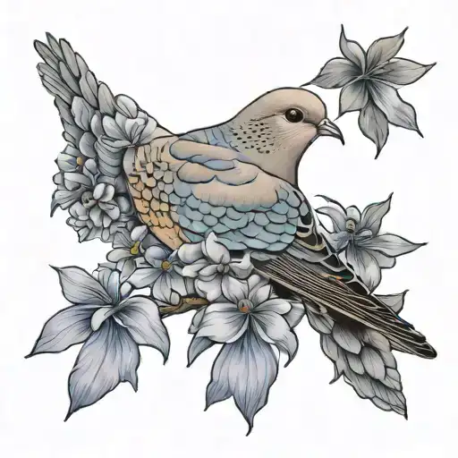Mourning Dove Carrying A Common Blue Violet And A Colorado Blue Columbine