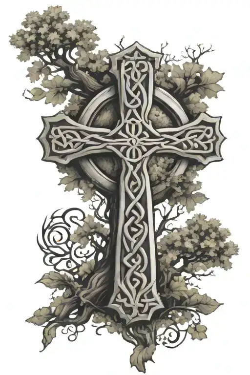 Celtic Cross With An Oak Tree Intertwined