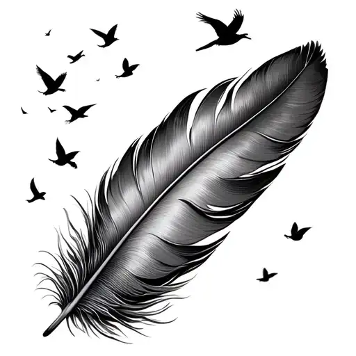 Feather With Tiny Birds Fly Away