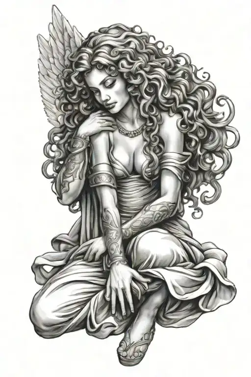 Female Guardian Angel Curly Hair Kneeling