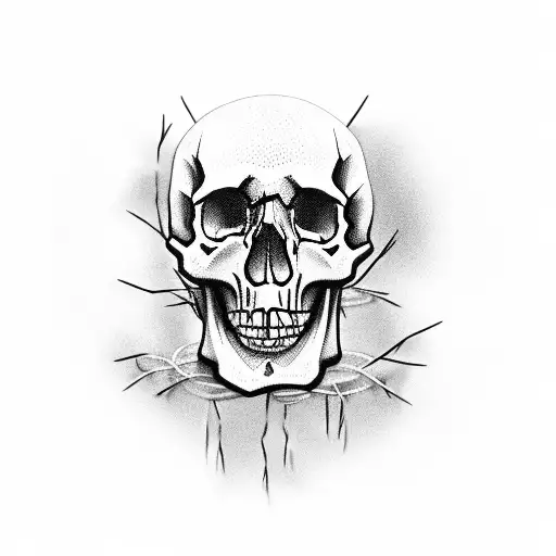 Skull With No Jaw In Barbed Wire