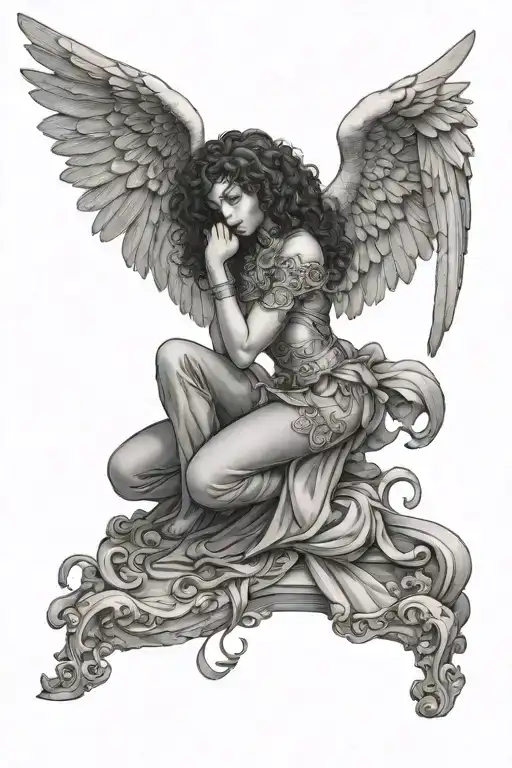 Female Guardian Angel Curly Hair Two Piece Outfit Kneeling
