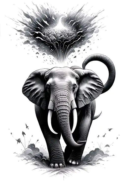 Elephant Walking Towards Heaven Exploding Surrounded
