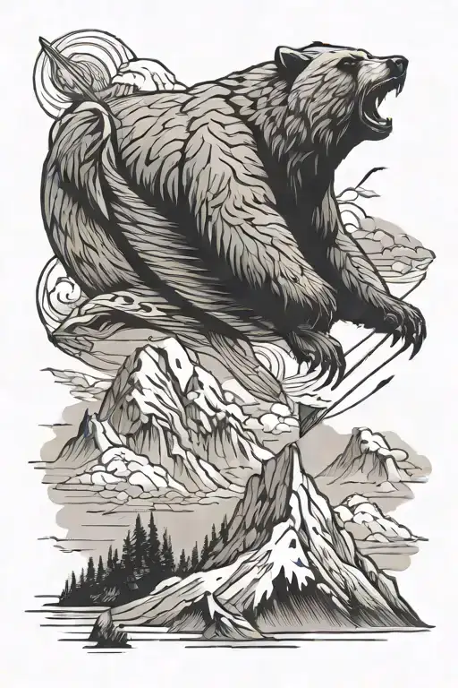 Kite Bird Flying Above Mountain And A Bear