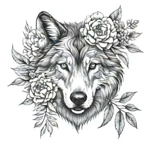 Gentle Wolf Head From The Front With Peonies And Rustic Foliage In Slightly Geometric Pencil Strokes